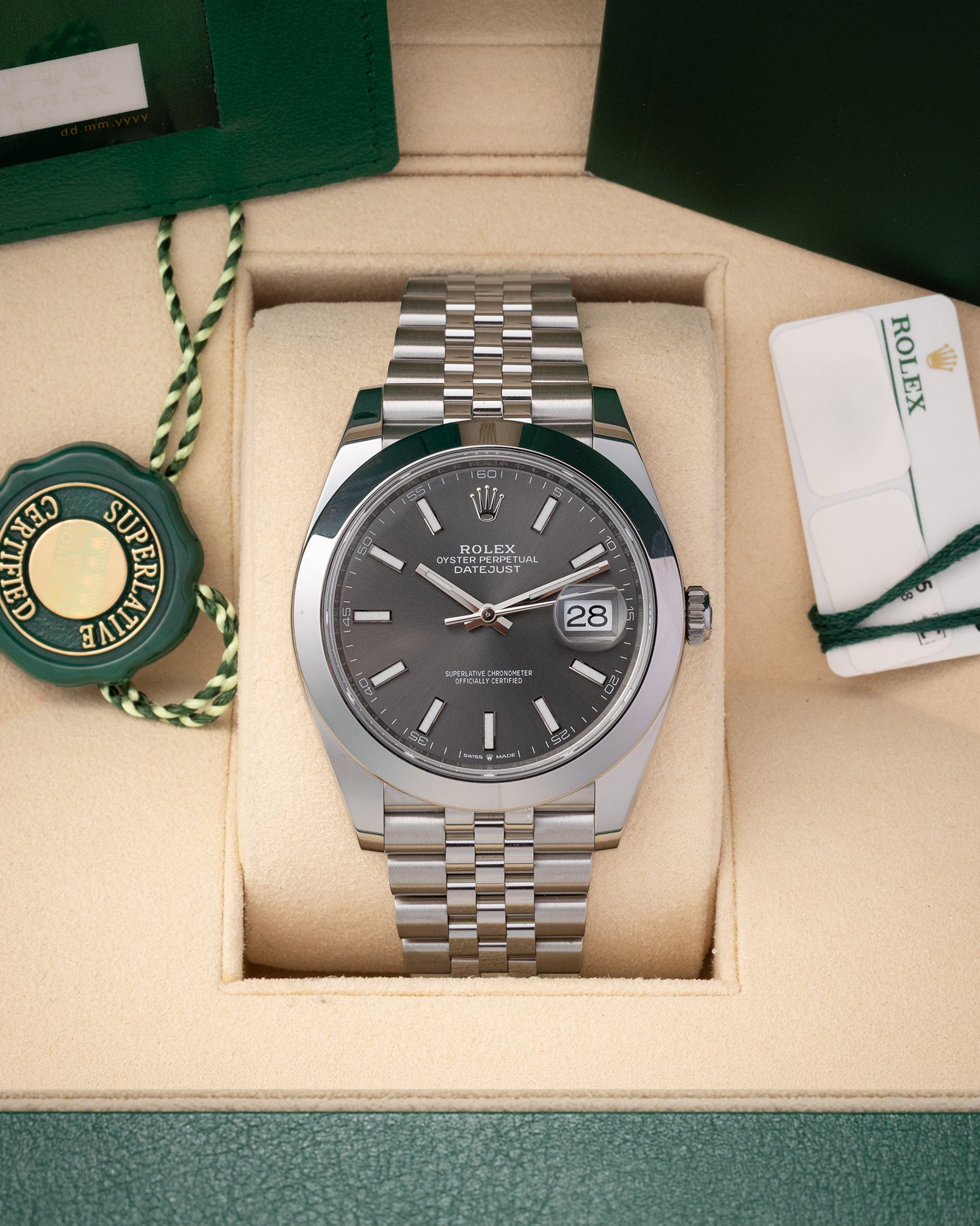 Pre owned 2025 Rolex Datejust 41 126300 slate dial with smooth steel bezel and Jubilee bracelet at Noah's Fine Watches Dallas