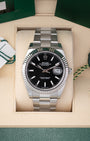 Pre owned 2024 Rolex Datejust 41 126334 black dial with fluted white gold bezel and Oyster bracelet at Noah's Fine Watches Dallas