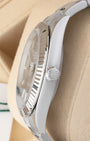 Side profile view of Rolex Datejust 41 126334 showing the Twinlock screw-down winding crown and stainless steel case