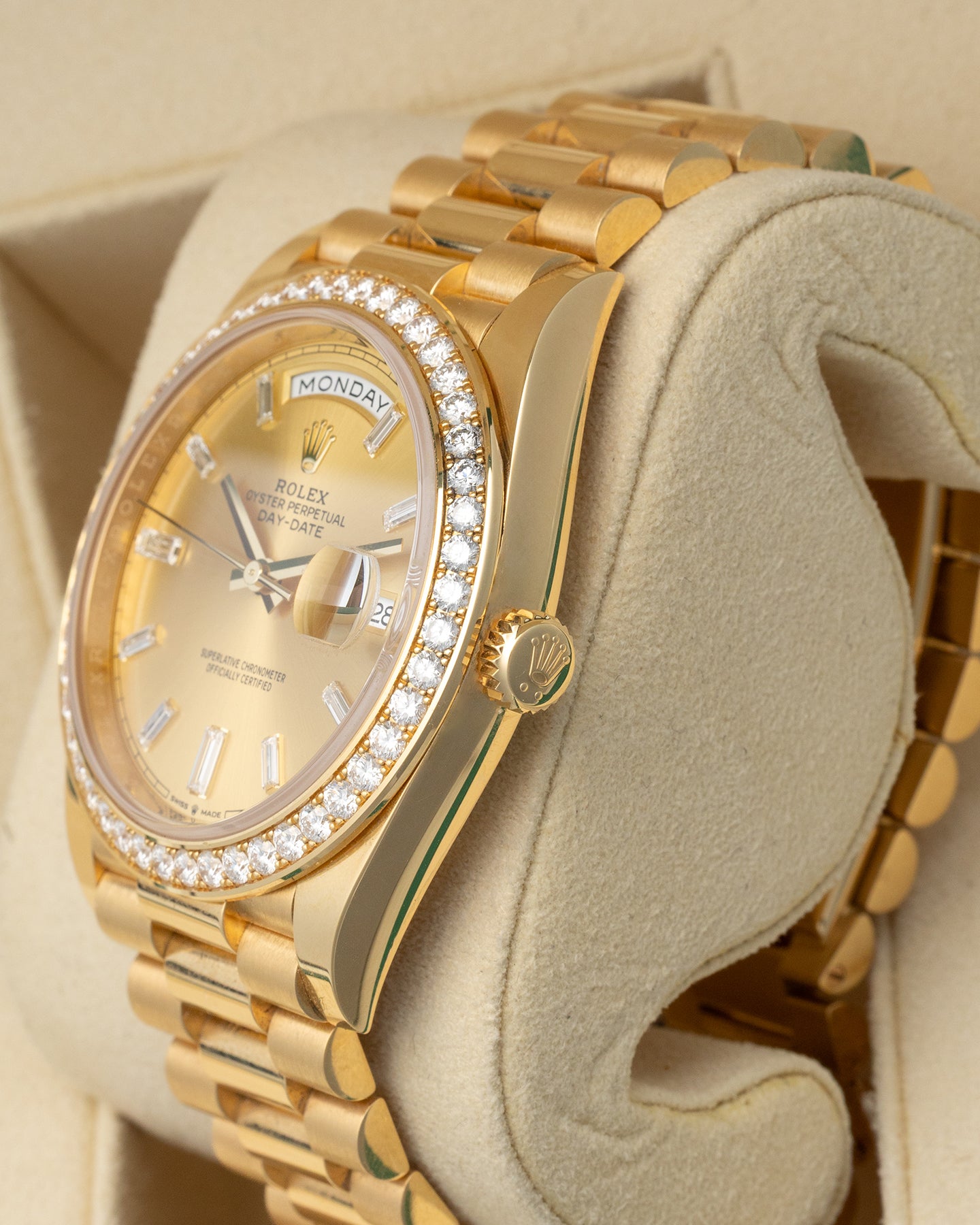 Yellow Gold Diamond Rolex Day-Date 228348RBR | Noah's Fine Watches Dallas, Texas