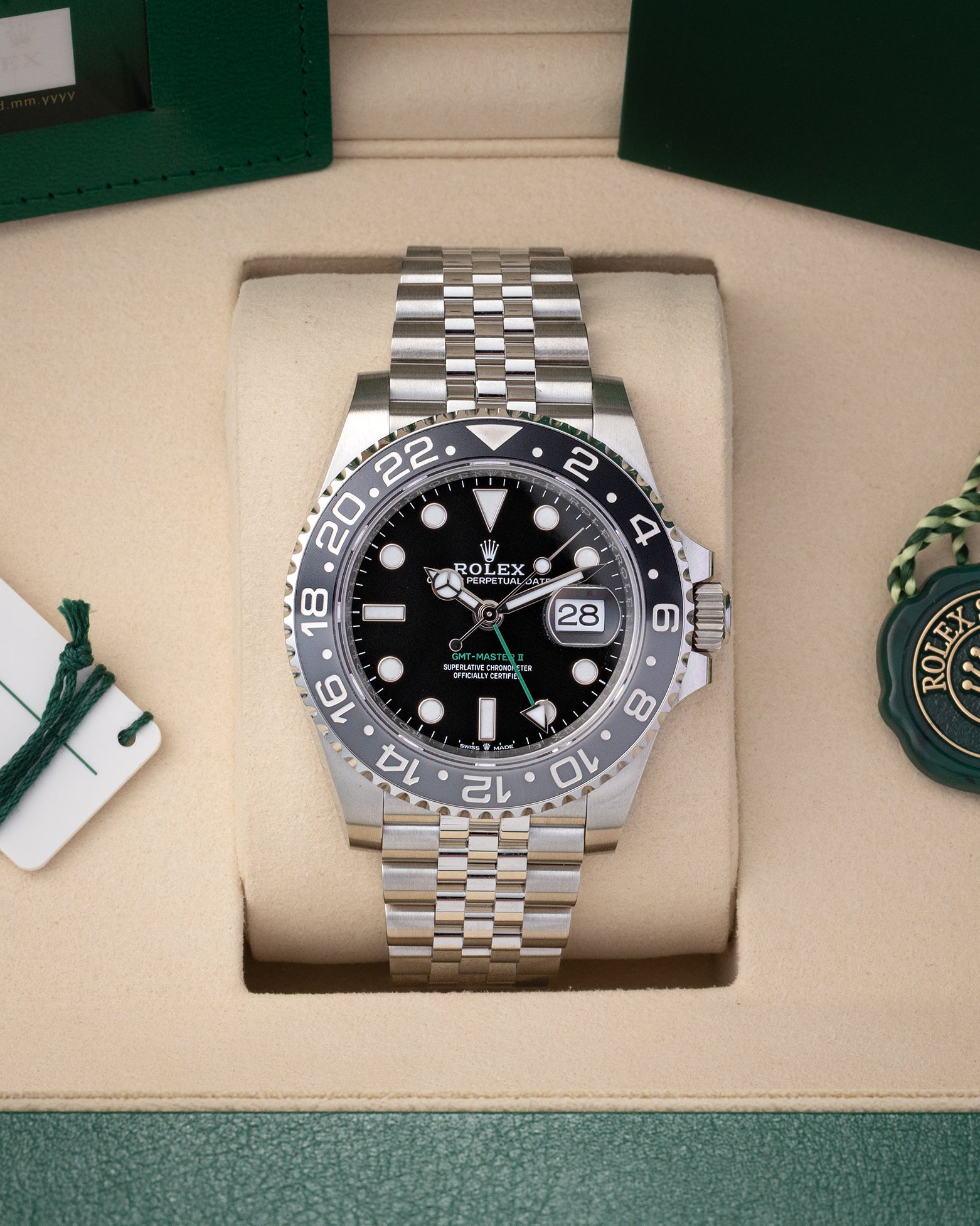 Pre owned 2026 Rolex GMT-Master II 126710GRNR Bruce Wayne grey black bezel on Jubilee bracelet at Noah's Fine Watches Dallas