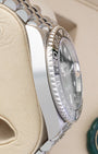 Polished Oystersteel case side profile and bidirectional Cerachrom bezel on pre-owned Rolex GMT-Master II 126710GRNR