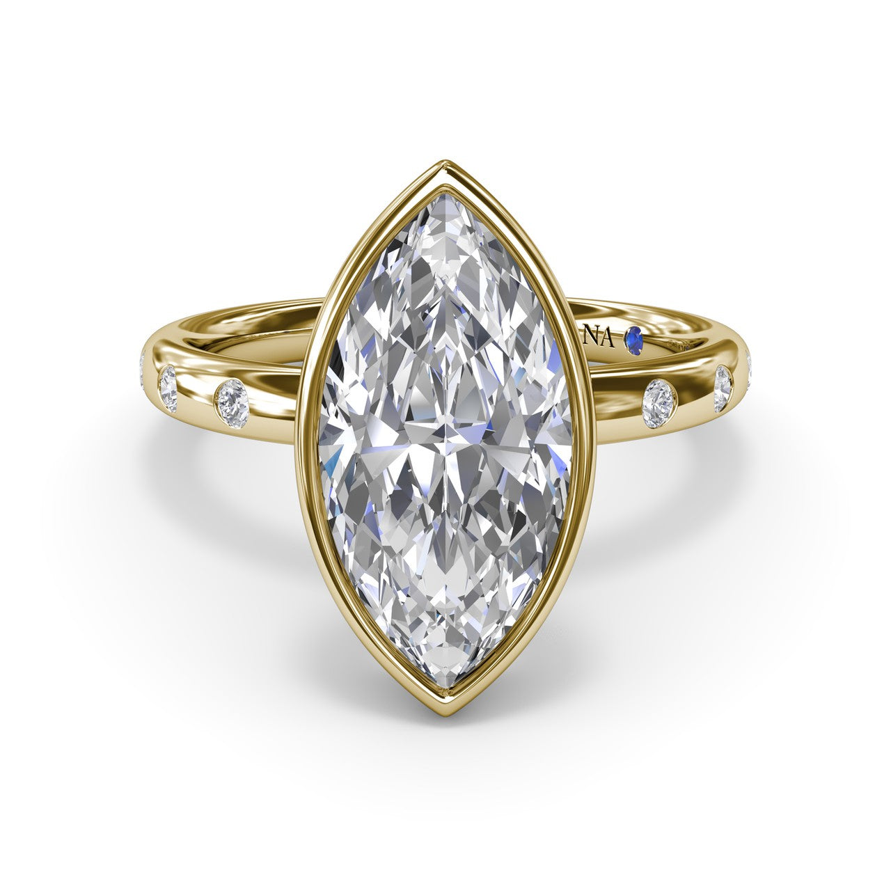 Studio front-facing view of the Fana S4351 ring, emphasizing the clean metal border around the marquise cut center stone and the starburst-like flush band settings