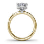 Side profile showing the elevated, multi-dimensional architecture of the white gold halo base attached to the yellow gold ring shank, featuring a tiny surprise diamond accent and Fana's signature hidden blue sapphire