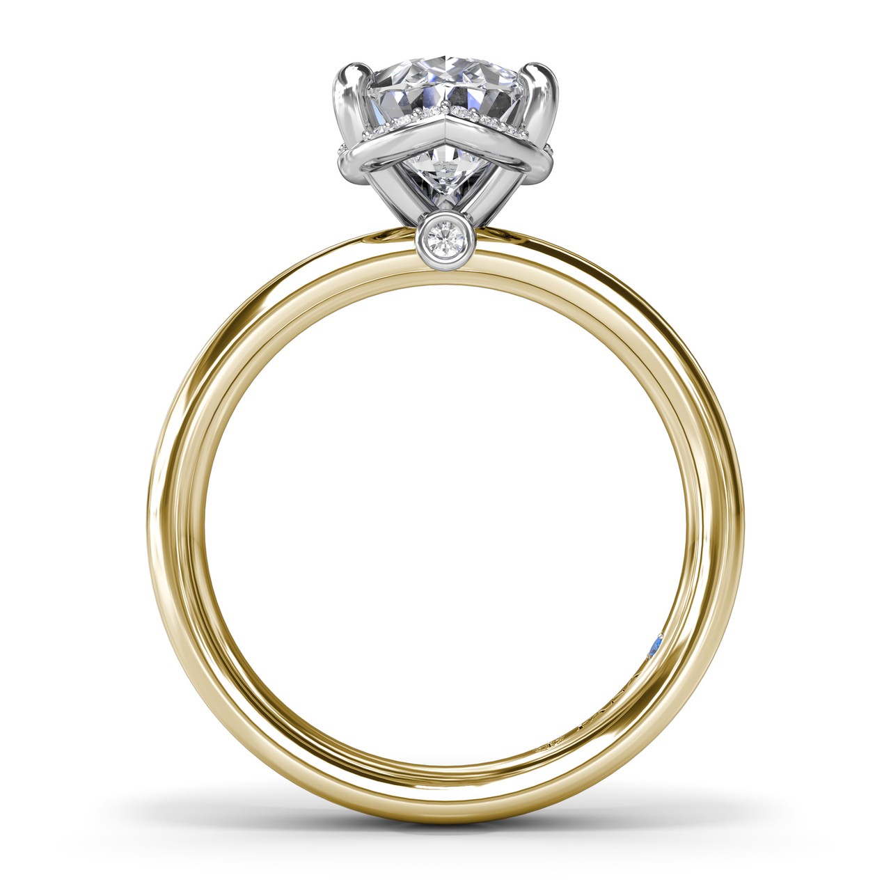 Side profile showing the elevated, multi-dimensional architecture of the white gold halo base attached to the yellow gold ring shank, featuring a tiny surprise diamond accent and Fana's signature hidden blue sapphire