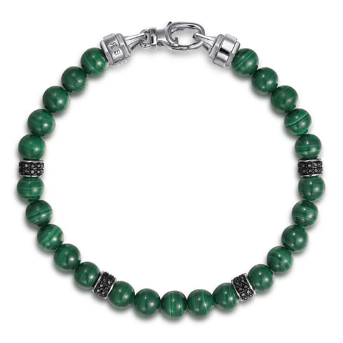 Gabriel & Co. Beaded Bracelet 925 Sterling Silver Black Spinel and Malachite 6mm