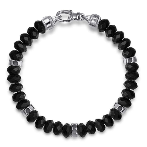 Gabriel & Co. 925 Sterling Silver 8mm Matte Faceted Flat Round Onyx Beaded Bracelet