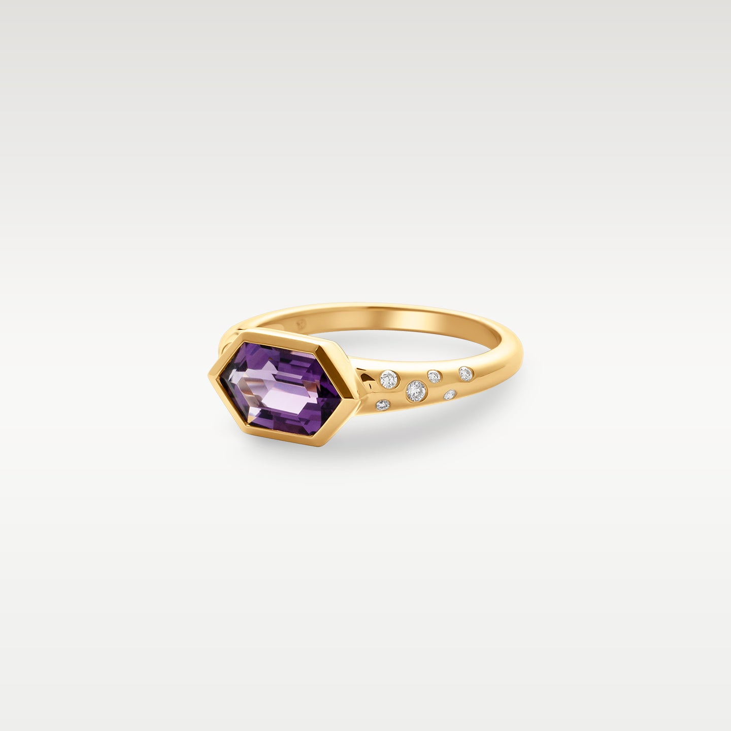 14k Yellow Gold Amethyst & Diamond Hexagonal Ring | Noah's fine Jewelry Dallas, Texas