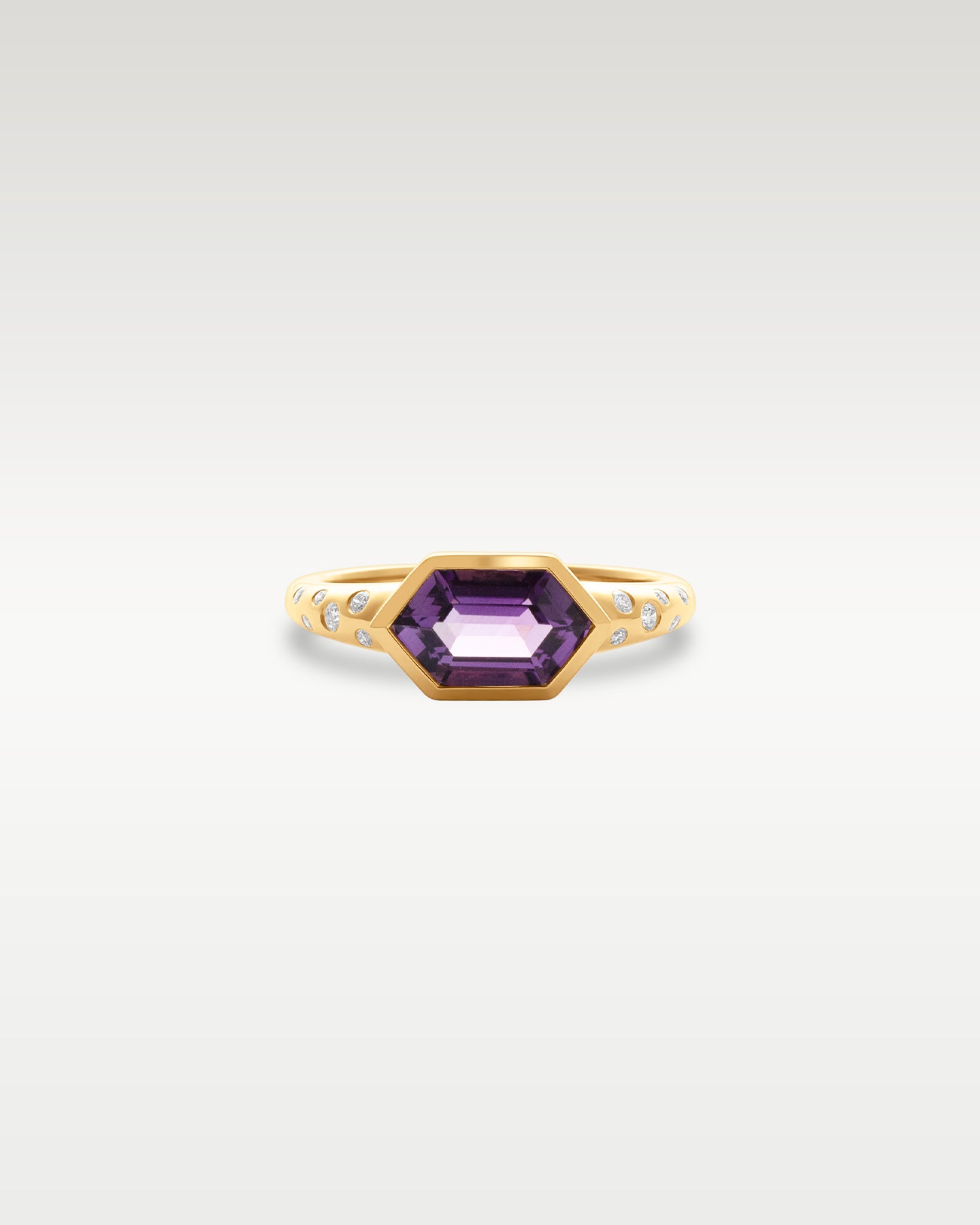 14k Yellow Gold Amethyst & Diamond Hexagonal Ring | Noah's fine Jewelry Dallas, Texas
