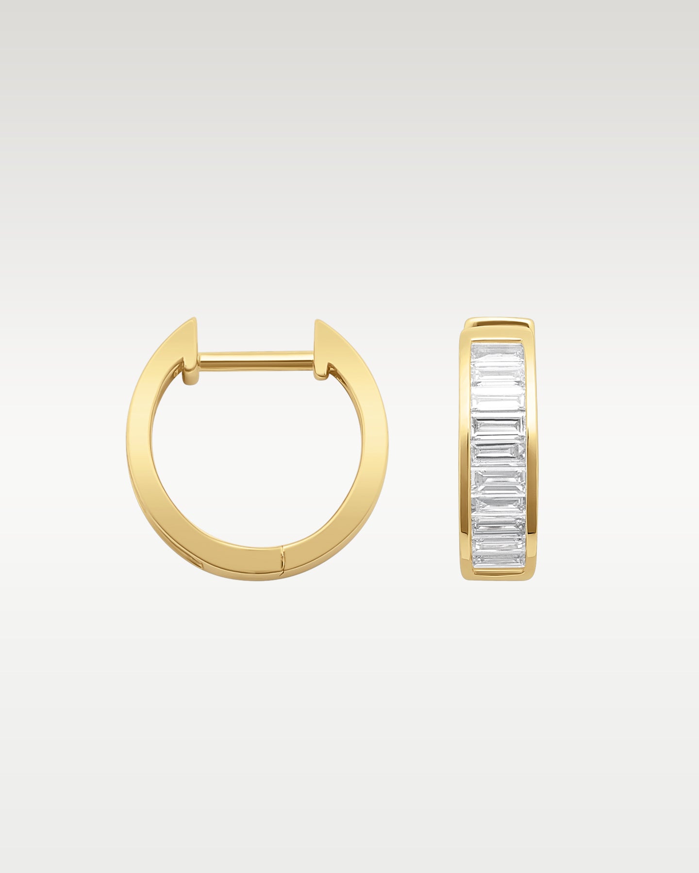 14K Yellow Gold Baguette Diamond Huggies | Noah's Fine Jewelry Dallas, Texas