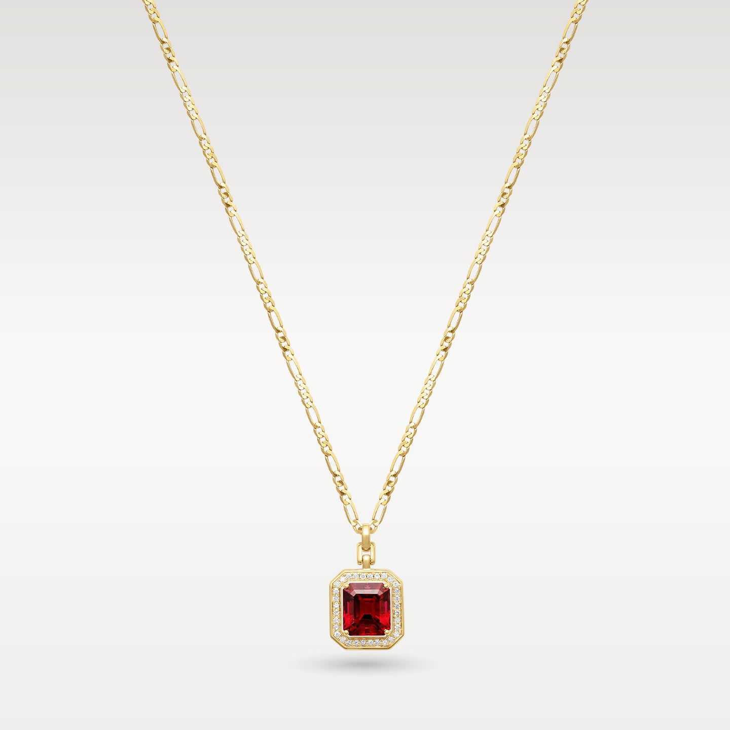 Yellow Gold Emerald Cut Ruby Halo Pendant Necklace | Noahs Fine Jewelry and Watches DFW