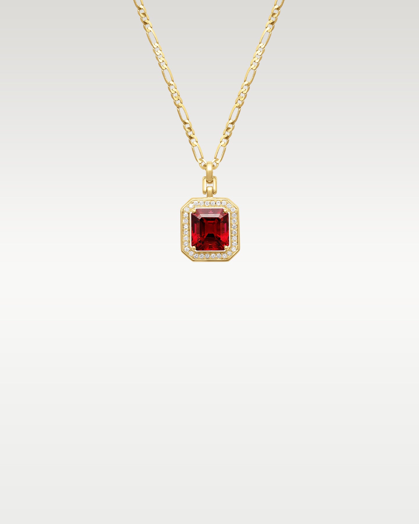 Yellow Gold Emerald Cut Ruby Halo Pendant Necklace | Noahs Fine Jewelry and Watches DFW