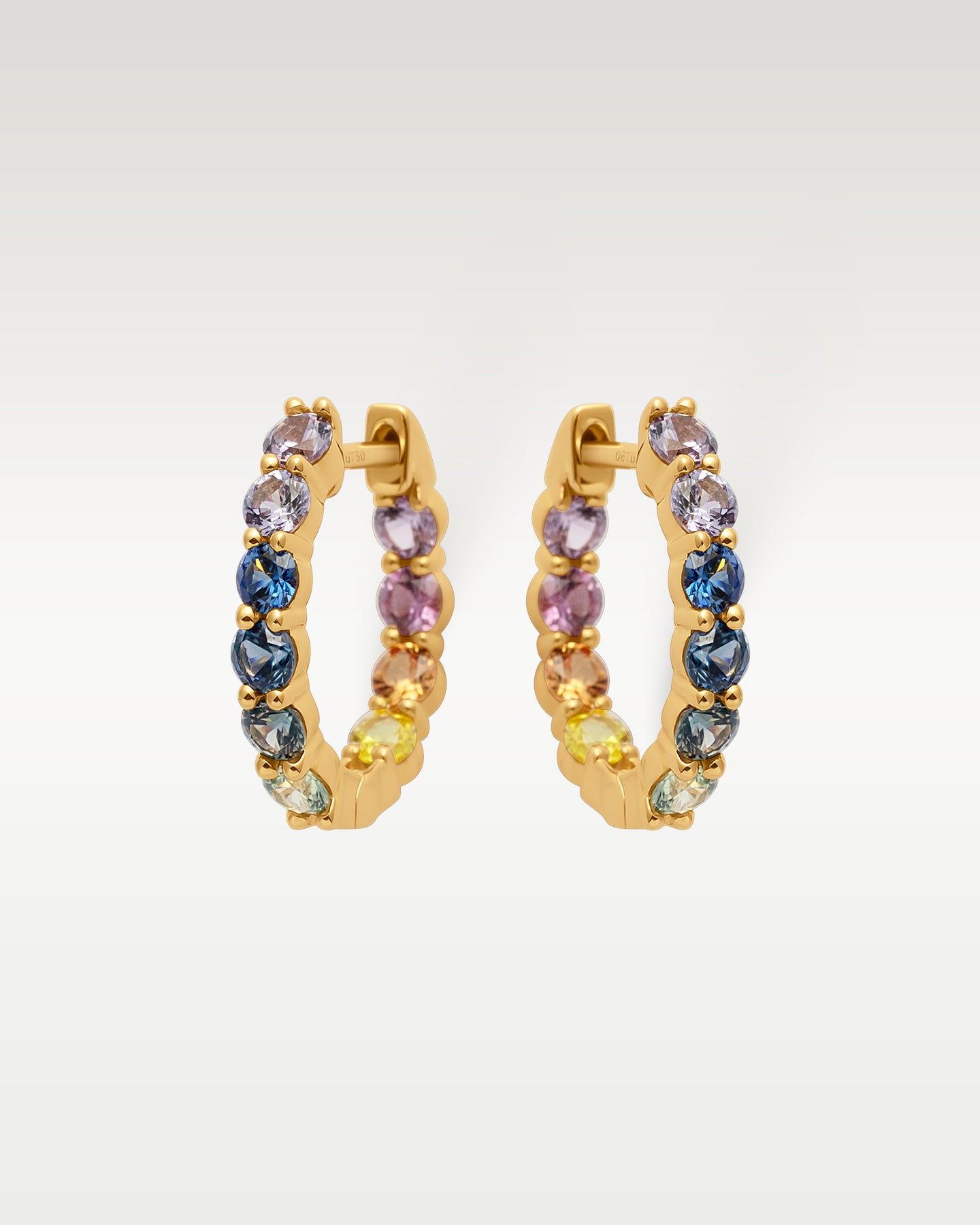 18k Yellow Gold Rainbow Sapphire Huggies | Noah's Fine Jewelry Dallas, Texas 