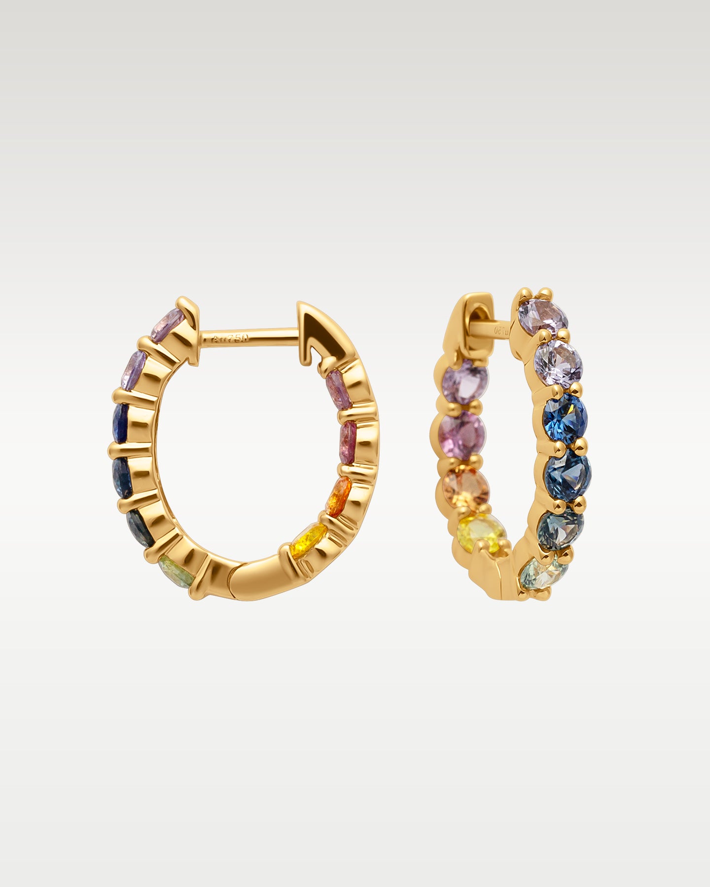 18k Yellow Gold Rainbow Sapphire Huggies | Noah's Fine Jewelry Dallas, Texas 
