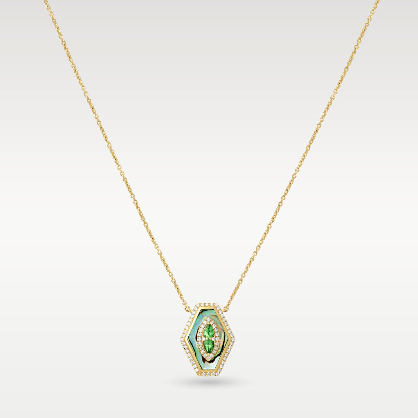 Yellow Gold Tsavorite Diamond Shell Pendant Necklace at Noah's Fine Watches & Jewelry