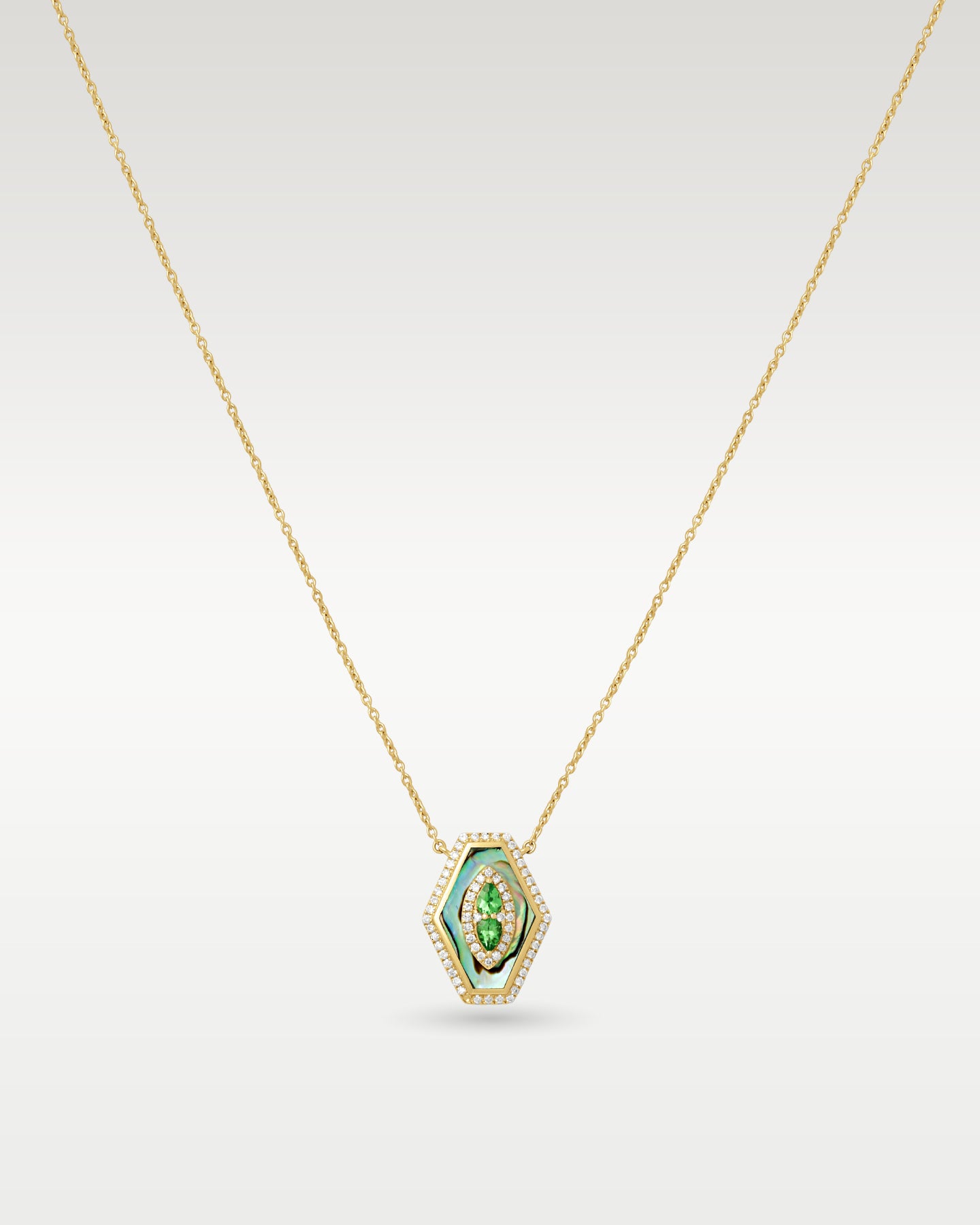 Yellow Gold Tsavorite Diamond Shell Pendant Necklace at Noah's Fine Watches & Jewelry