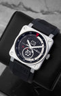 angled profile view of a pre-owned square Bell and Ross BR 03-90 B-Rocket watch showcasing its aviation instrument style design