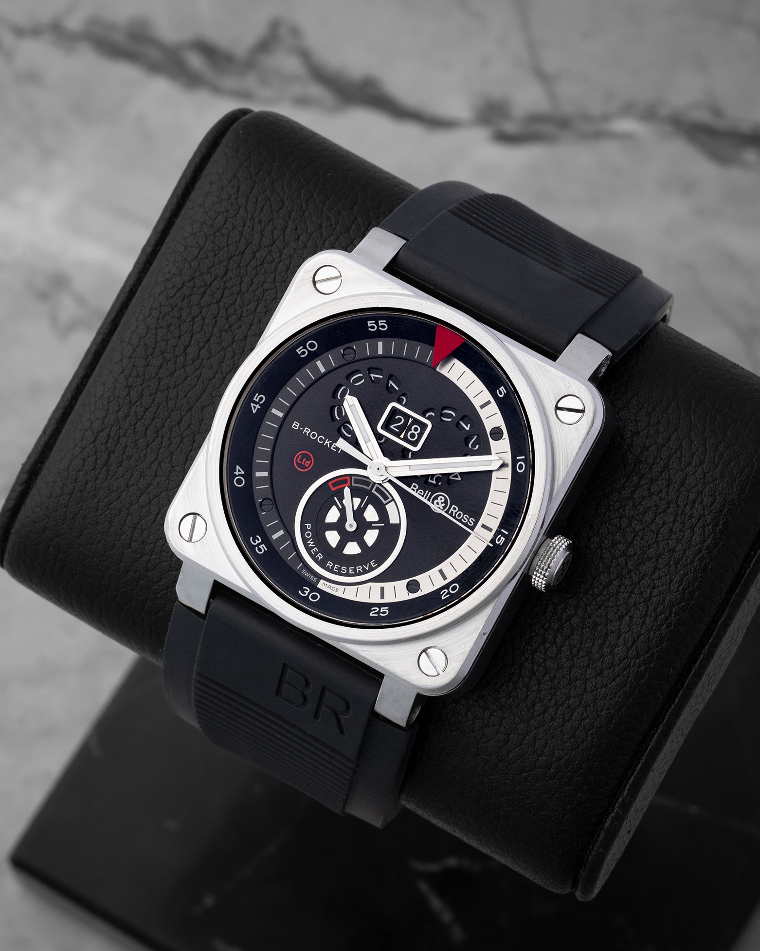 angled profile view of a pre-owned square Bell and Ross BR 03-90 B-Rocket watch showcasing its aviation instrument style design