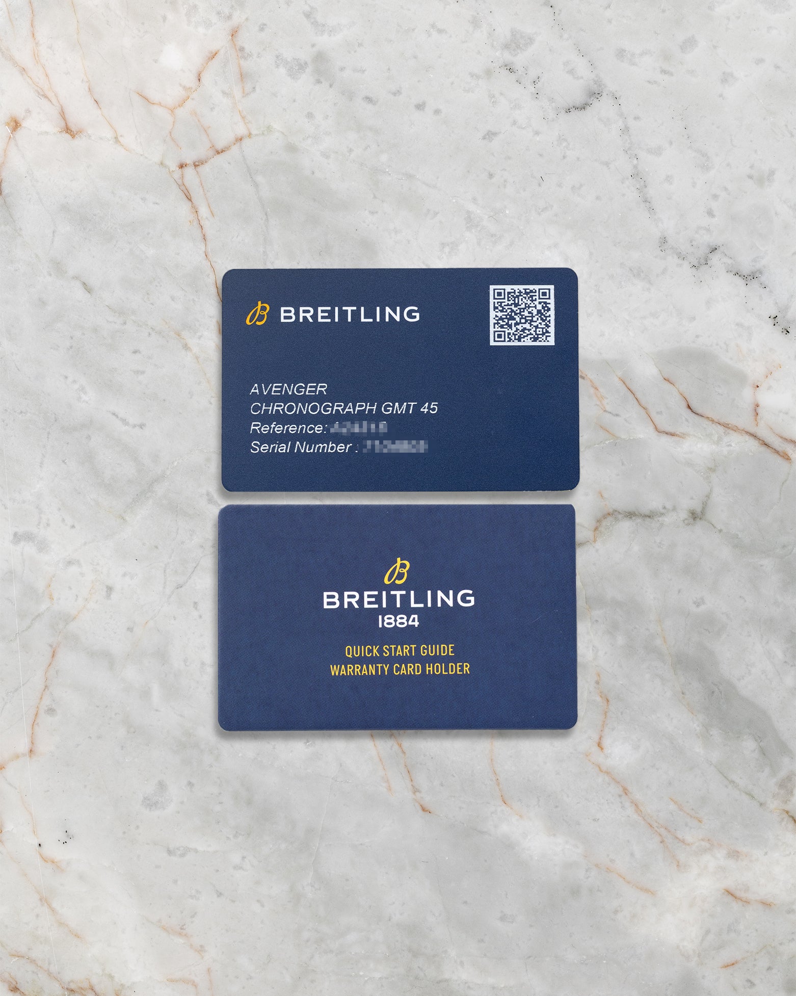 Official Breitling digital warranty card and international manual for Avenger Chronograph GMT 45 reference A24315101C1X1