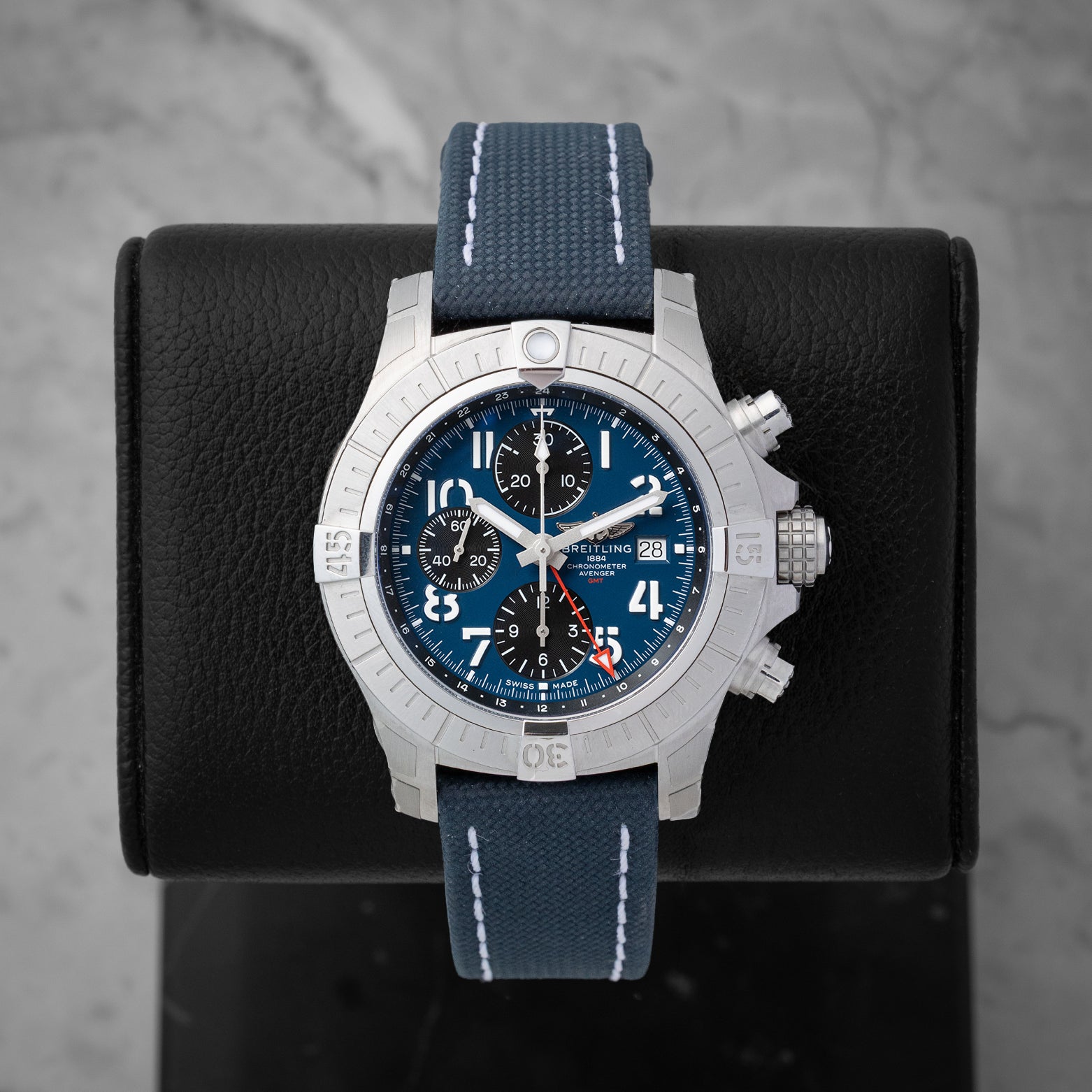 Pre owned Breitling Avenger Chronograph GMT 45mm reference A24315101C1X1 with blue dial and blue military leather strap at Noahs Fine Watches and Jewelry in Dallas TX