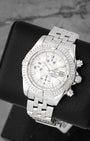 front view of Breitling Chronomat Evolution A13356 showing silver sub-dials, rider tab bezel, and Pilot bracelet
