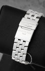 Rear view of the stainless steel Pilot bracelet and folding flip-lock clasp on Breitling Chronomat Evolution A13356