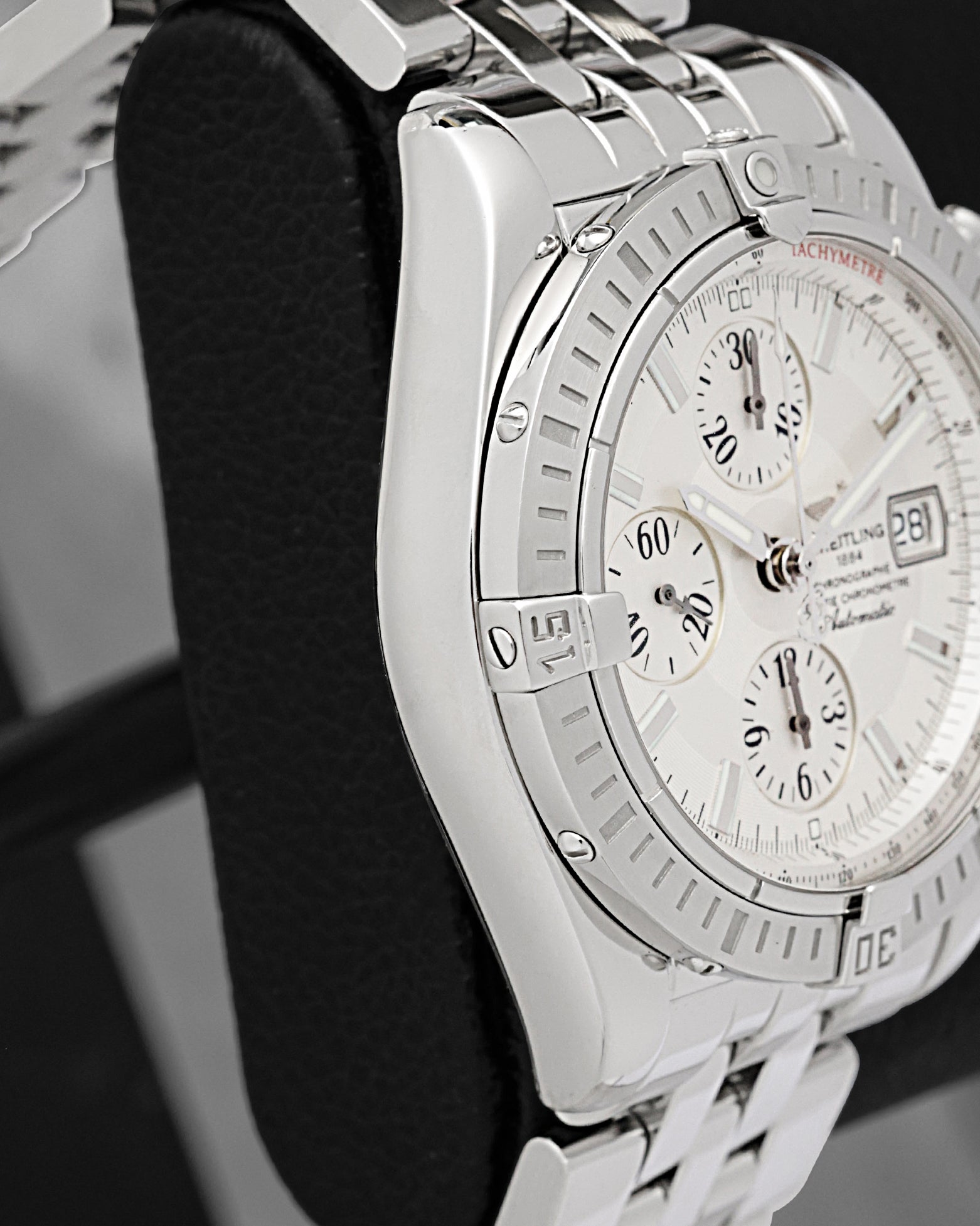 Side profile view of the 43.5mm stainless steel case for Breitling Chronomat Evolution A13356
