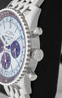 Side profile view showing the stainless steel case, piston-style chronograph pushers, and non-screw-down winding crown on Breitling Navitimer B01 AB0138