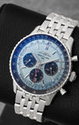 Angled front view of pre-owned Breitling Navitimer B01 AB0138 featuring an ice blue dial, AOPA wings logo, black chronograph counters, and bi-directional slide rule bezel