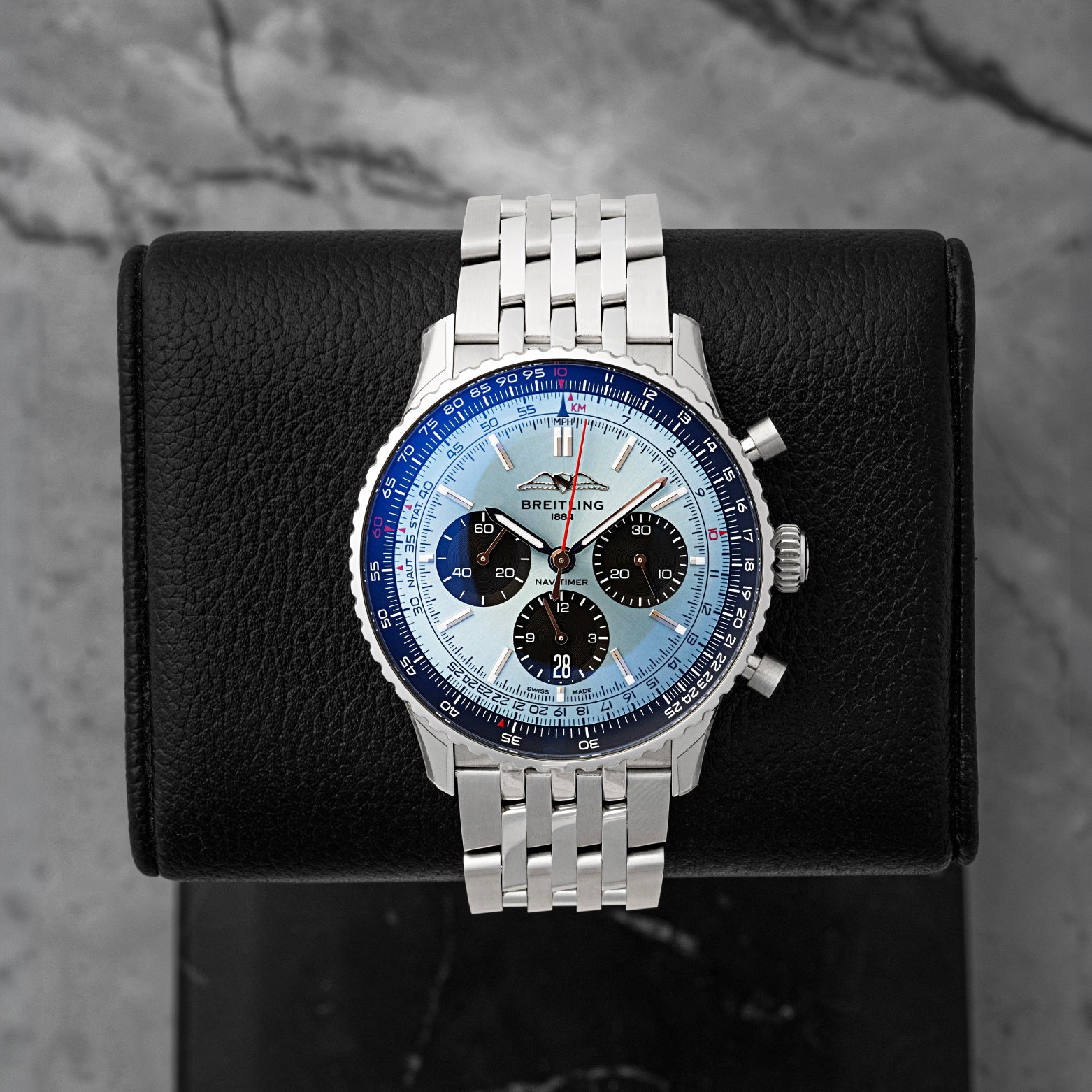 Pre owned 2026 Breitling Navitimer B01 Chronograph 43mm reference AB0138241C1A1 with ice blue dial and black sub-dials at Noah's Fine Watches & Jewelry in Dallas, Texas