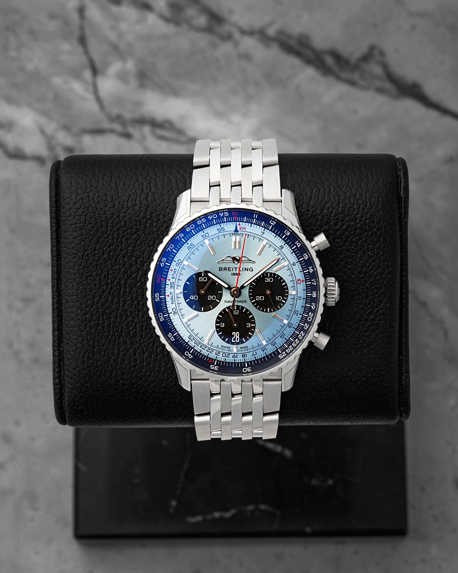 Pre owned 2026 Breitling Navitimer B01 Chronograph 43mm reference AB0138241C1A1 with ice blue dial and black sub-dials at Noah's Fine Watches & Jewelry in Dallas, Texas