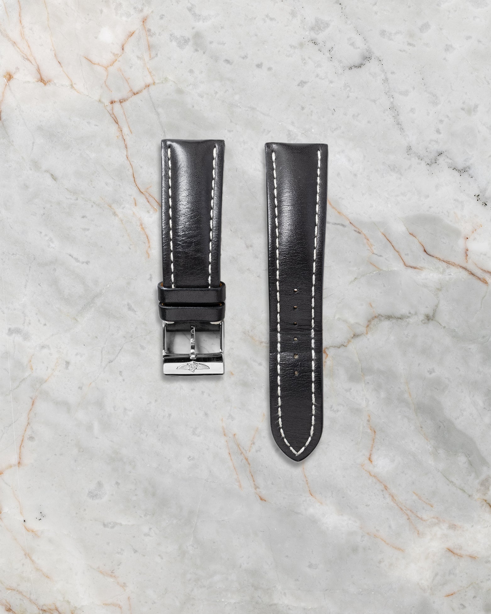 Additional black leather watch strap with contrast stitching and pin buckle for Breitling Navitimer World A24322