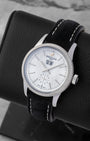 Angled collector view of a 38mm Breitling Transocean automatic watch showcasing its elegant small seconds sub-dial at 6 o'clock and black contrast-stitched leather strap