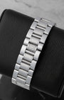Rear view of the signature integrated Chronoscaph link bracelet displaying the alternating pattern of brushed stainless steel and durable black rubber elements