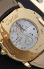 The clear sapphire exhibition caseback of a Cartier dress watch revealing the manual-winding calibre 430 MC mechanical movement