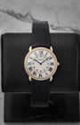Ronde Louis Cartier 36mm watch in 18k yellow gold featuring a factory diamond-set bezel and a silver grained dial