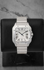 Preowned 2022 Cartier Santos de Cartier Large Model WSSA0018 stainless steel watch with silvered opaline dial at Noah's Fine Watches & Jewelry in Dallas, Texas