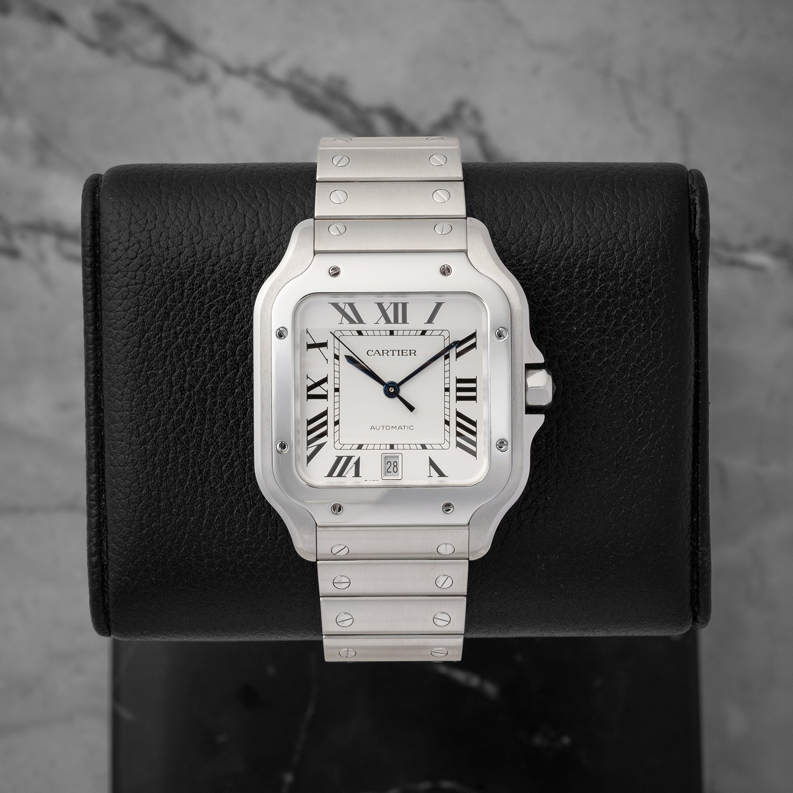 Preowned 2022 Cartier Santos de Cartier Large Model WSSA0018 stainless steel watch with silvered opaline dial at Noah's Fine Watches & Jewelry in Dallas, Texas