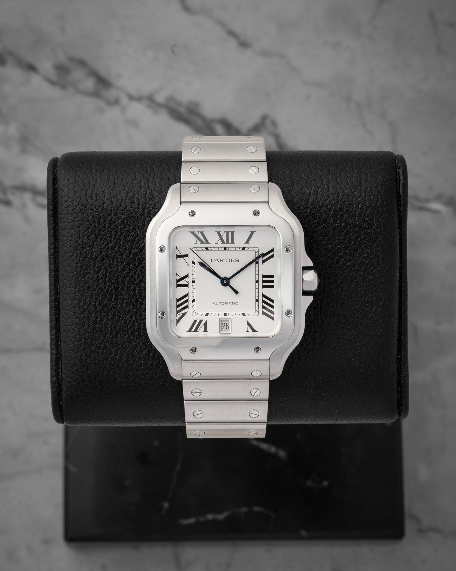 Preowned 2022 Cartier Santos de Cartier Large Model WSSA0018 stainless steel watch with silvered opaline dial at Noah's Fine Watches & Jewelry in Dallas, Texas