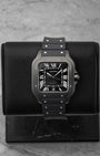 Preowned Cartier Santos de Cartier Large Model WSSA0039 with black ADLC steel case and black dial at Noah's Fine Watches & Jewelry in Dallas, Texas
