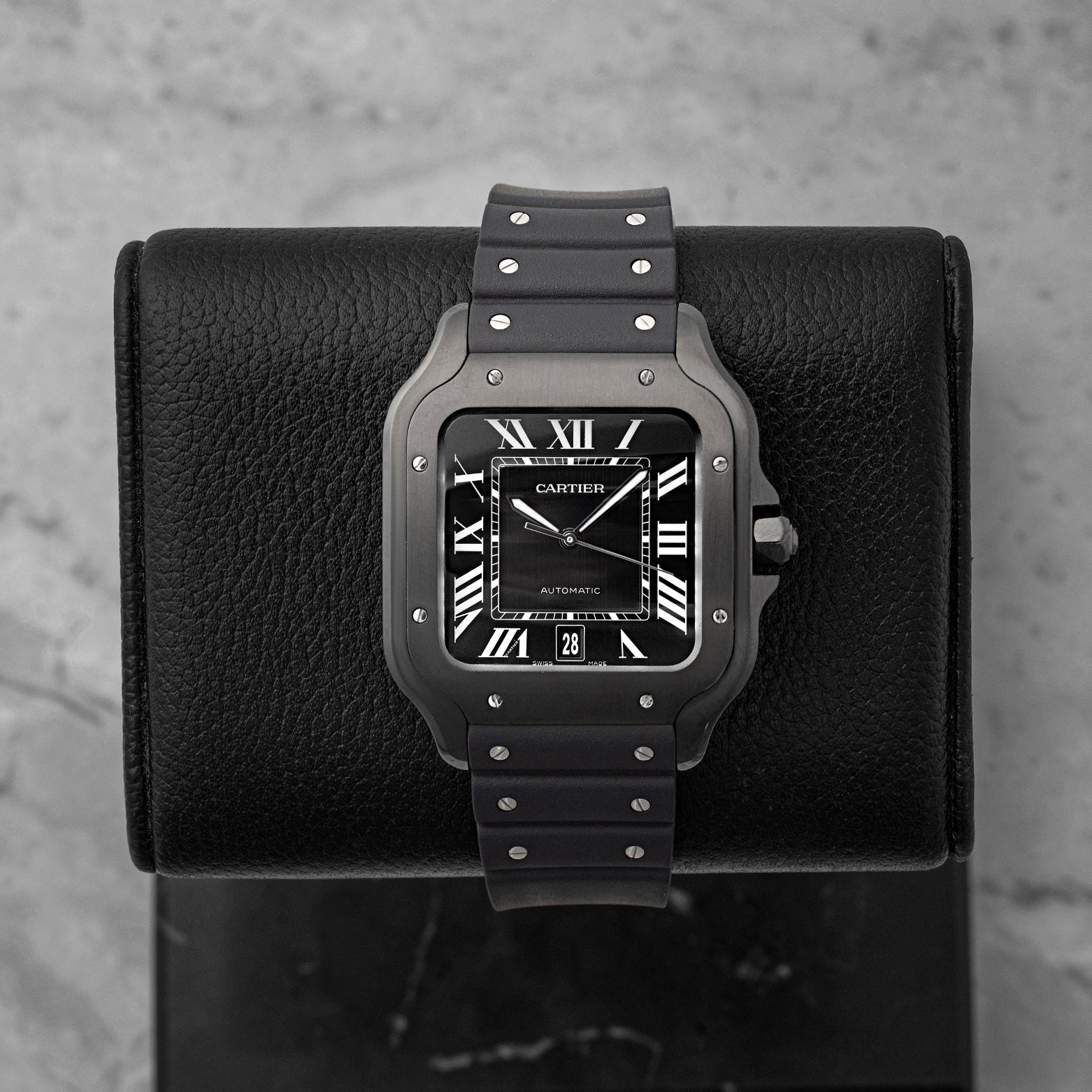 Preowned Cartier Santos de Cartier Large Model WSSA0039 with black ADLC steel case and black dial at Noah's Fine Watches & Jewelry in Dallas, Texas