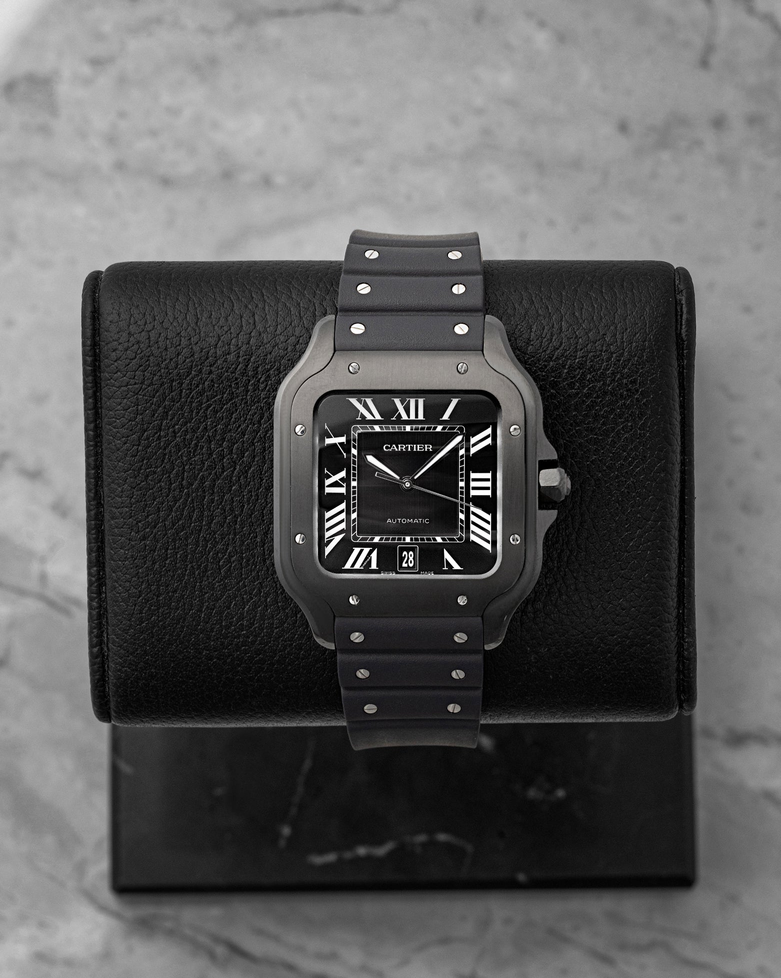 Preowned Cartier Santos de Cartier Large Model WSSA0039 with black ADLC steel case and black dial at Noah's Fine Watches & Jewelry in Dallas, Texas