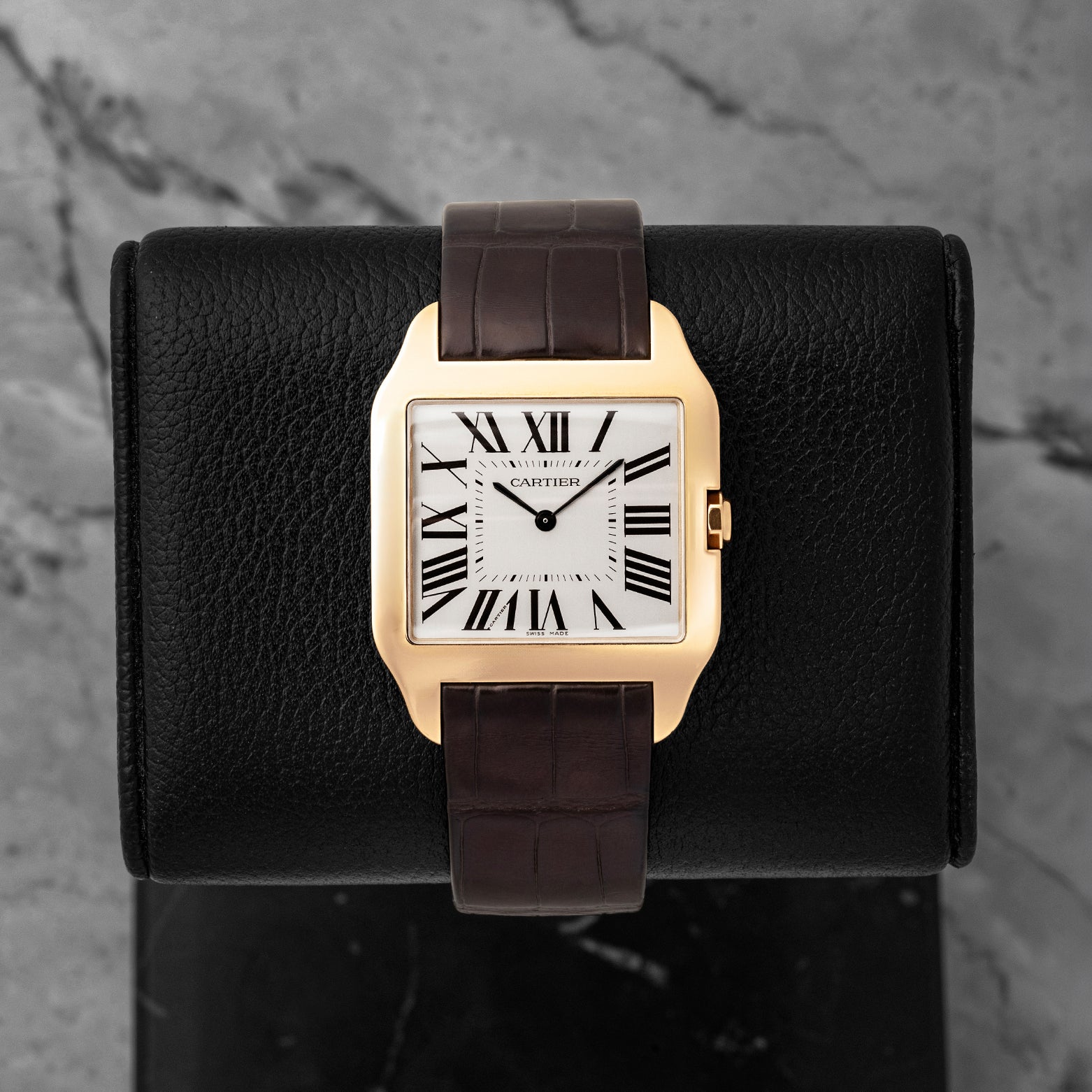 Pre-owned 2014 Cartier Santos-Dumont W2006951 in 18k rose gold with silvered Roman numeral dial at Noah's Fine Watches & Jewelry in Dallas, Texas