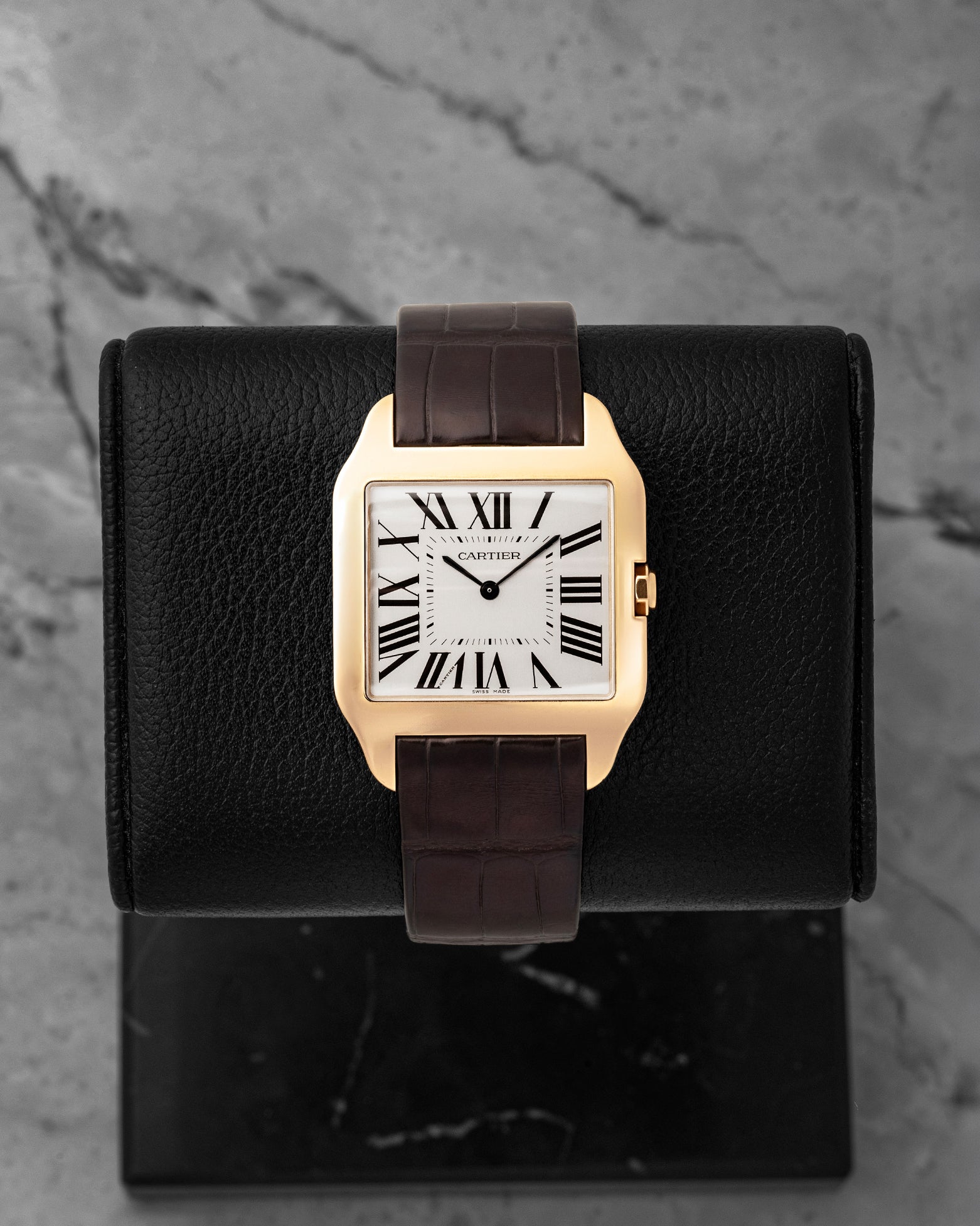 Pre-owned 2014 Cartier Santos-Dumont W2006951 in 18k rose gold with silvered Roman numeral dial at Noah's Fine Watches & Jewelry in Dallas, Texas