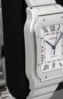 Side profile view of the 39.8mm stainless steel case and curved lugs on a Cartier Santos Large Model