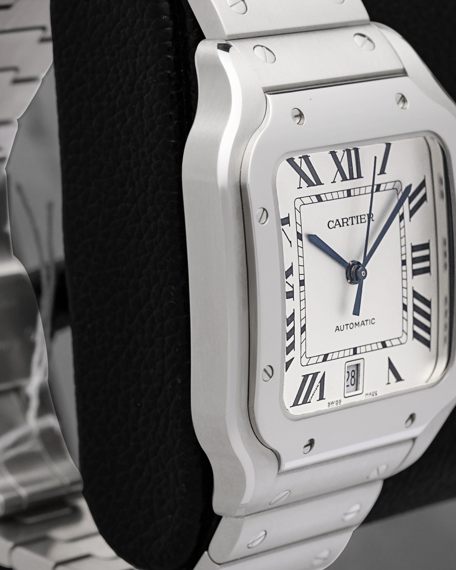 Side profile view of the 39.8mm stainless steel case and curved lugs on a Cartier Santos Large Model