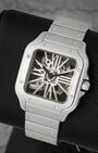 front view of Cartier Santos Skeleton WHSA0015 showing the skeletonized Roman numeral dial and steel bracelet