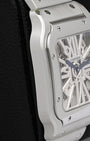 Side profile view of the 2022 Cartier Santos de Cartier Skeleton WHSA0015 stainless steel case