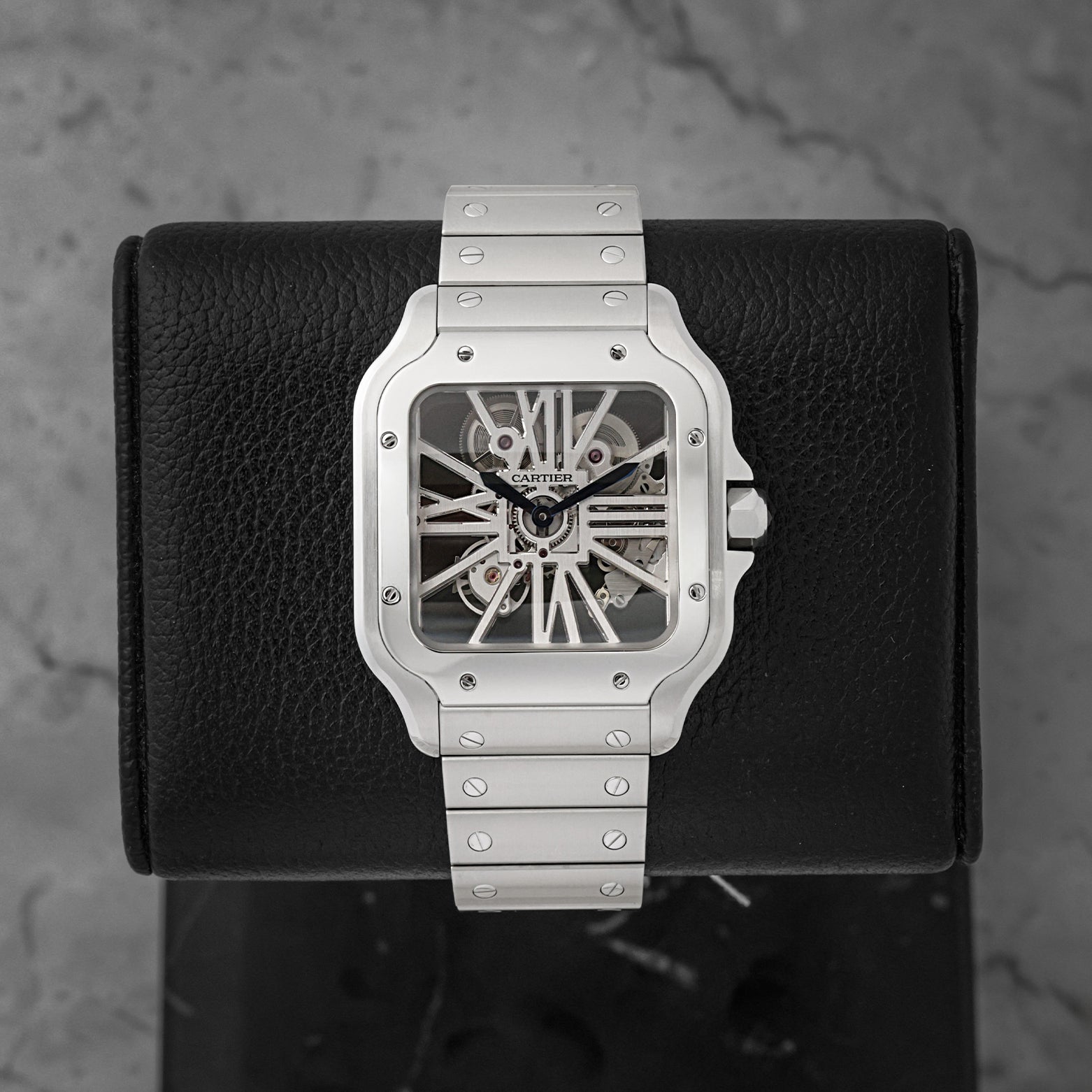Pre owned 2022 Cartier Santos de Cartier Skeleton WHSA0015 stainless steel luxury watch at Noah's Fine Watches & Jewelry in Dallas, TX