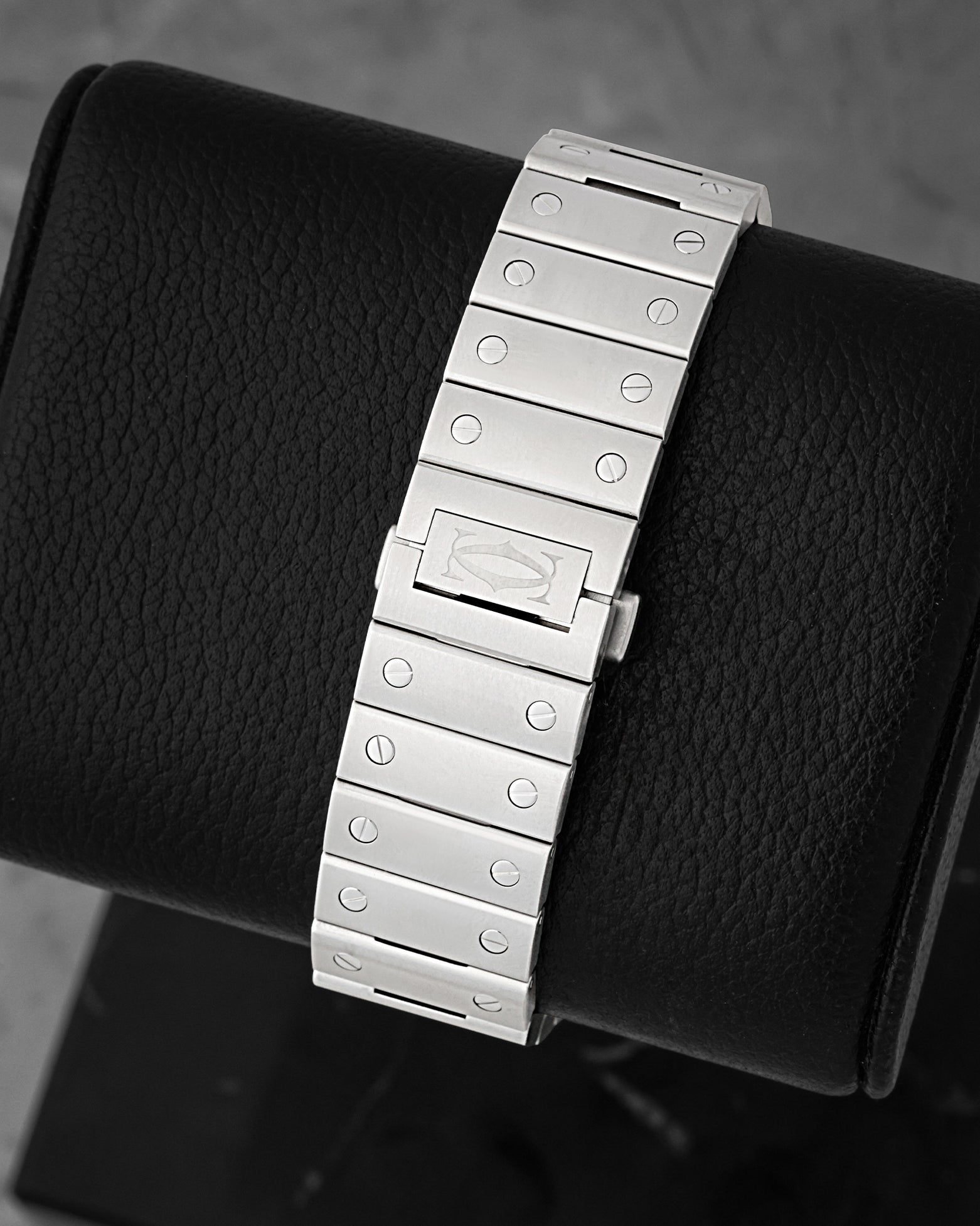 Rear view of the stainless steel bracelet and deployment clasp for Cartier Santos Skeleton WHSA0015